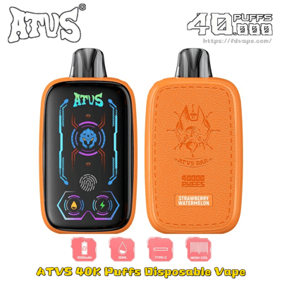 Vaporizzatore usa e getta Orange ATVS 40K Puffs mostrato dalla parte anteriore e posteriore, con bocchino nero e sapore di fragola e anguria.