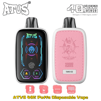 Due dispositivi di vaporizzazione usa e getta con cornice bianca, a sinistra con uno schermo grafico al neon e a destra con un retro rosa testurizzato con logo in rilievo.