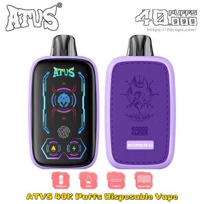 Due vaporizzatori usa e getta ATVS 40K Puff viola, parte anteriore con schermo colorato, logo in rilievo sul retro ed etichetta Watermelon Ice.