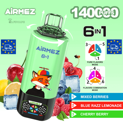 Green AiRMEZ 6in1 vape pen, 1400 puffs, shown with berries and flavors: Mixed Berries, Blue Razz Lemonade, Cherry Berry.