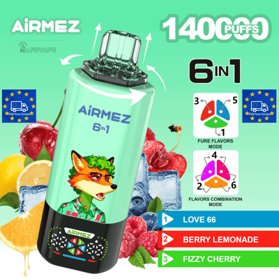 Mint-green AiRMEZ 6-in-1 disposable vape with 1400 puffs, featuring a fox design and flavors Love 66 and Berry Lemonade.