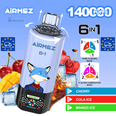 Blue AiRMEZ 6-in-1 disposable vape with 1400 puffs, featuring cherry, cola ice, and mango ice flavors amid fruit and ice.