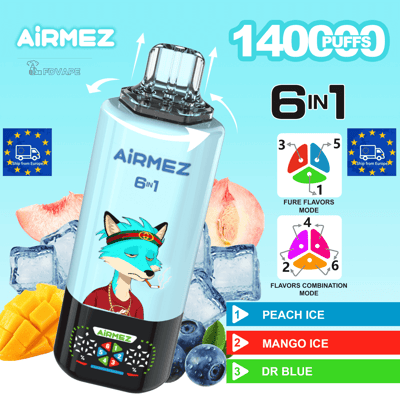 AIRMEZ 6-in-1 vape device with a light blue body and cartoon fox, 1400 puffs, set against fruit imagery with flavors Peach Ice, Mango Ice, Dr Blue.