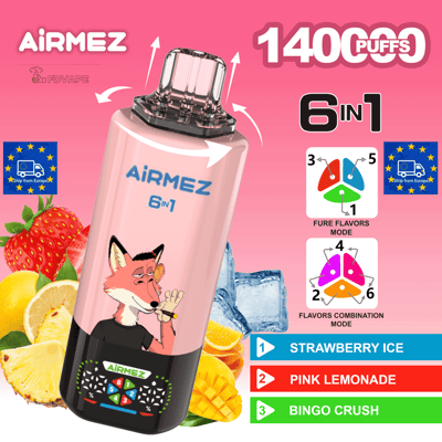 Pink 6-in-1 disposable vape with a fox illustration, highlighting 1400 puffs and flavors like Strawberry Ice amid fruit graphics.