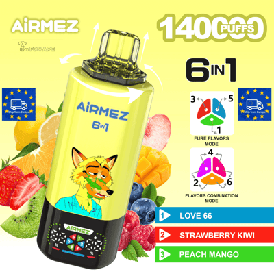 Airmez 6 in 1 vape device in bright yellow with 1400 puffs, fruit imagery and flavors Strawberry Kiwi and Peach Mango.