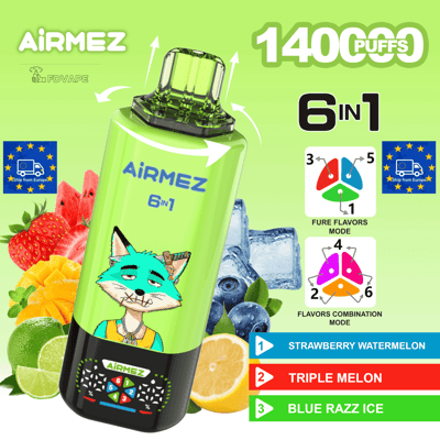 Bright lime Airmez 6 in 1 disposable vape with 1400 puffs, featuring Strawberry Watermelon, Triple Melon and Blue Razz Ice.