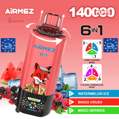 Pink AiRMEZ 6in1 disposable vape with a fox motif, 1400 puffs, featuring Watermelon Ice, Bingo Crush, and Mixed Berries.