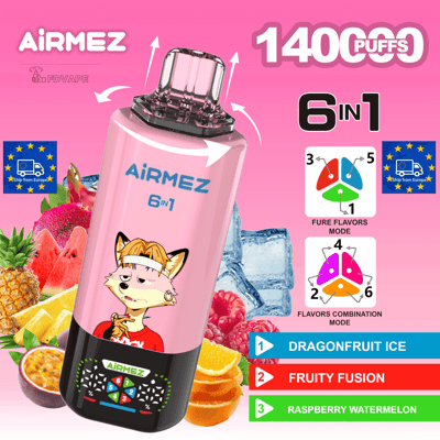 Pink AiRMEZ 6-in-1 disposable vape, 1400 puffs, featuring Dragonfruit Ice, Fruity Fusion and Raspberry Watermelon flavors.
