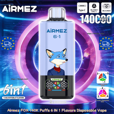 Airmez 6 in 1 disposable vape with a blue fox illustration on the front, labeled 140K puffs and six flavors.