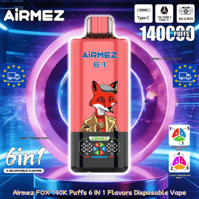 Pink Airmez 6 in 1 disposable vape with a fox illustration on the bottle against a neon blue background.