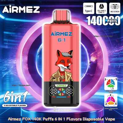 Pink Airmez 6-in-1 disposable vape with a red fox illustration, featuring Type-C charging, 140K puffs, and 6 adjustable flavors.