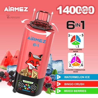 Dispositivo di vaporizzazione usa e getta rosa con grafica di una volpe rossa, etichettato AiRMEZ 6in1, che mostra 1400 sbuffi e sapore di ghiaccio all'anguria.