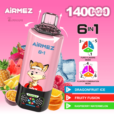 Vape usa e getta AIRMEZ 6 in 1 rosa con baccello trasparente e volpe, 1400 boccate, Dragonfruit Ice, Fruity Fusion, Raspberry Watermelon.