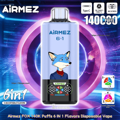 Vaporizzatore usa e getta Airmez 6 in 1 di colore azzurro con una volpe blu cartoon sulla parte anteriore, su uno sfondo futuristico al neon.