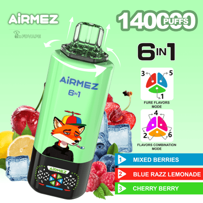 Vape usa e getta AIRMEZ verde 6 in 1 con 1400 boccate, mostrato con frutta e ghiaccio; gusti Mixed Berries, Blue Razz Lemonade, Cherry Berry.