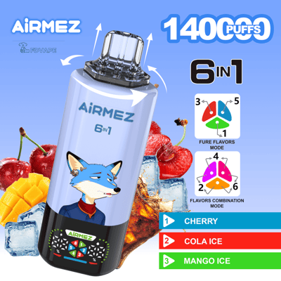 Vaporizzatore usa e getta Airmez 6 in 1 con 1400 sbuffi, grafica volpe blu, immagini di ghiaccio e gusti Cherry, Cola Ice, Mango Ice.
