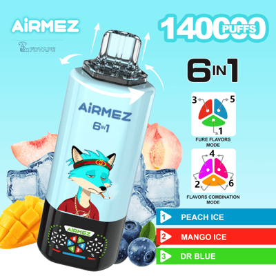 Vape usa e getta Airmez 6 in 1 azzurro con capsula trasparente, mascotte della volpe, 1400 boccate e gusti Peach Ice, Mango Ice, Dr Blue.