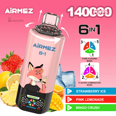 Pink AiRMEZ vaporizzatore 6 in 1 con bocchino, grafica cartoon volpe, 1400 boccate, gusti Strawberry Ice, Pink Lemonade, Bingo Crush.