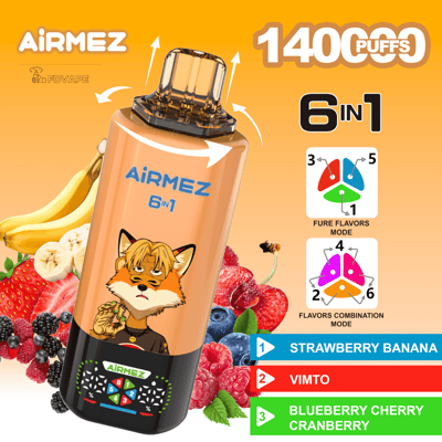 Vape usa e getta AiRMEZ 6in1 in arancione con l'illustrazione di una volpe, che promuove 1400 boccate e sapori fruttati come Strawberry Banana.