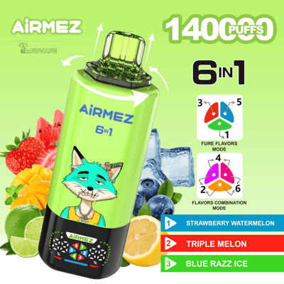 Vaporizzatore usa e getta AIRMEZ 6 in 1 verde brillante, 1400 boccate, logo volpe, gusti: Fragola Anguria, Triplo Melone, Blue Razz Ice.