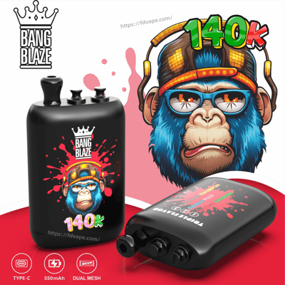 Two black Bang Blaze vape devices with crown logo and red splash graphics, one upright displaying 140K, on a red curved surface.