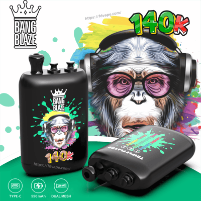 Bang Blaze 140k vape kit with a black battery and pod, colorful paint-splash artwork and crown logo.