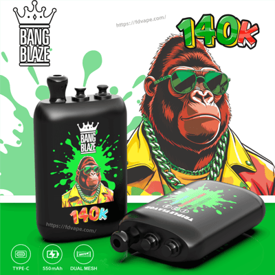 Black Bang Blaze 140K vape battery with a gorilla in green sunglasses and a yellow jacket, green paint-splatter background.