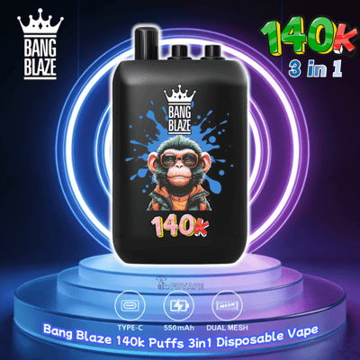Black Bang Blaze disposable vape bottle with cartoon ape graphic, 140k puffs, 3 in 1, neon stage backdrop.