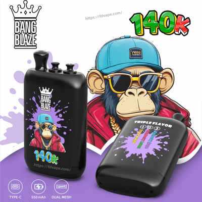 Cartoon monkey in a blue cap and sunglasses beside two black Bang Blaze vape devices with purple paint-splatter graphics and a 140k label.