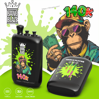 Two black Bang Blaze 140K vape devices with neon lime splash, featuring a cartoon monkey holding cash and a bold 140K label.
