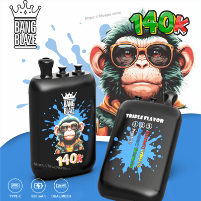 Two black Bang Blaze vape bottles with blue splash artwork; one shows 140K, the other Triple Flavor.