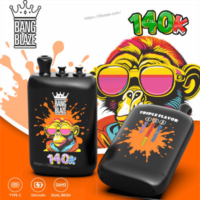 Black Bang Blaze 140K vape mod with a colorful monkey graphic and orange splashes, plus second pod displaying triple flavors