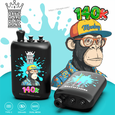 Bang Blaze 140k vape kit with a black box mod featuring splash art and crown logo, plus pod device; cartoon monkey.