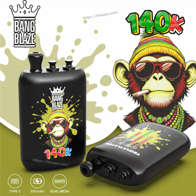 Two black Bang Blaze vape devices featuring a colorful monkey and yellow splash art, with a 140k graphic in the background.