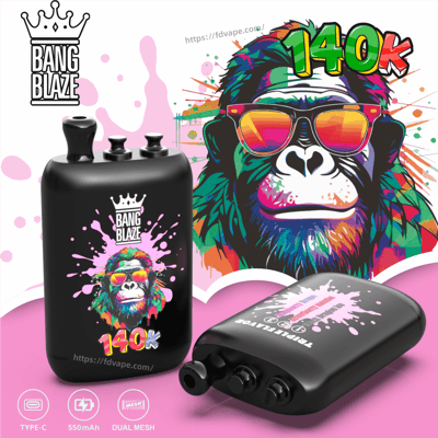 Black Bang Blaze squonk bottle with pink splash art and a colorful, sunglasses-wearing monkey beside a bold 140K logo.