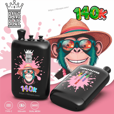 Black Bang Blaze 140k vape with pink splash design and logo; cartoon character wearing a straw hat in the background.