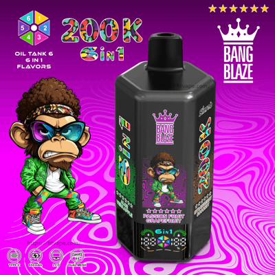 Bright purple Bang Blaze vape packaging with a black bottle, 6 in 1 flavors, Passion Fruit Grapefruit, and a cartoon monkey.