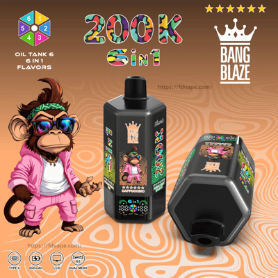 Cartoon monkey mascot in a pink outfit beside a black 6 in 1 oil tank and a tilted vape, promoting Bang Blaze 200K 6 in 1 flavors.
