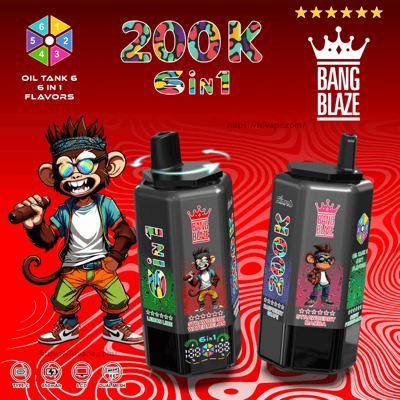 Bright red Bang Blaze ad with two black vape bottles, colorful labels, a cartoon monkey mascot, and the bold 200K Sin1 headline.