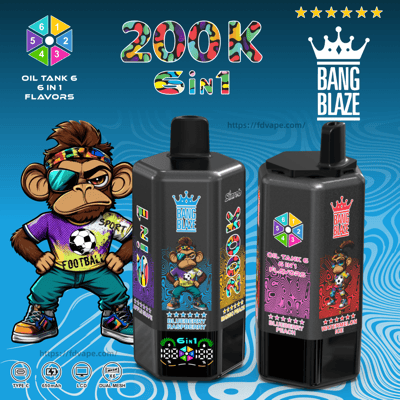 Two black vape bottles with Bang Blaze branding and a cartoon monkey mascot, set on a blue swirl background.