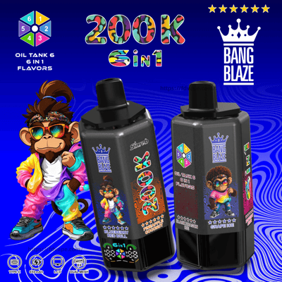 Two black oil tanks with 6 in 1 flavors labels, Bang Blaze logo, a colorful cartoon monkey, and a blue patterned background.