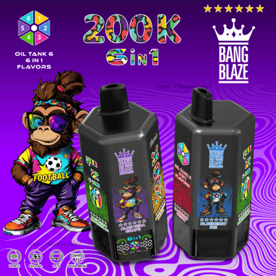Purple promotional artwork for 200K 6in1 flavors featuring a colorful monkey in sunglasses and two black vape pods with colorful labels beside the Bang Blaze logo