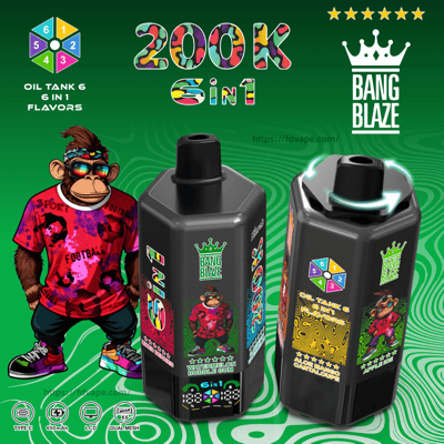 Bright Bang Blaze 200K 6 in 1 flavors vape packaging featuring a cartoon monkey in sunglasses and two black refill bottles.