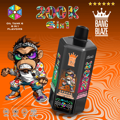 Black vape device with a mouthpiece, Bang Blaze branding and cartoon monkey on an orange swirl background.