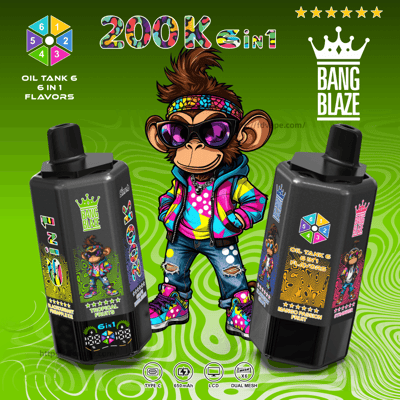Bright green packaging featuring a colorful cartoon monkey in sunglasses and a multicolor hoodie between two black vape bottles, promoting Bang Blaze 6‑in‑1 flavors.