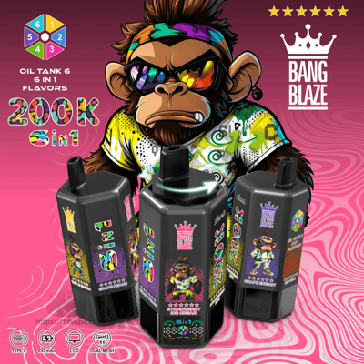 Cartoon monkey with a rainbow headband and mirrored sunglasses stands before four black vape devices labeled Bang Blaze.
