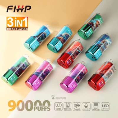 Rangée d'appareils de vape jetables FiiP 3-en-1 colorés sur fond pastel, mettant en valeur 9000 bouffées et triples saveurs.