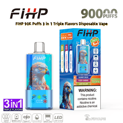 Vape jetable FIHP bleue avec un graphisme d'aigle, présentée avec une boîte 3-en-1 triple saveur : Gummy Bear, Fizzy Cherry, Lady Killer.