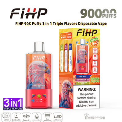 Vape jetable FIHP 3-en-1 avec illustration d'aigle sur un appareil rose; L'emballage répertorie Red Bull, Watermelon Ice et Strawberry Kiwi avec un avertissement de nicotine.