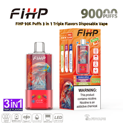 Vape jetable FIHP 90K Puffs de couleur rose-rouge avec un graphisme d'aigle, présentée avec une boîte orange à trois saveurs.